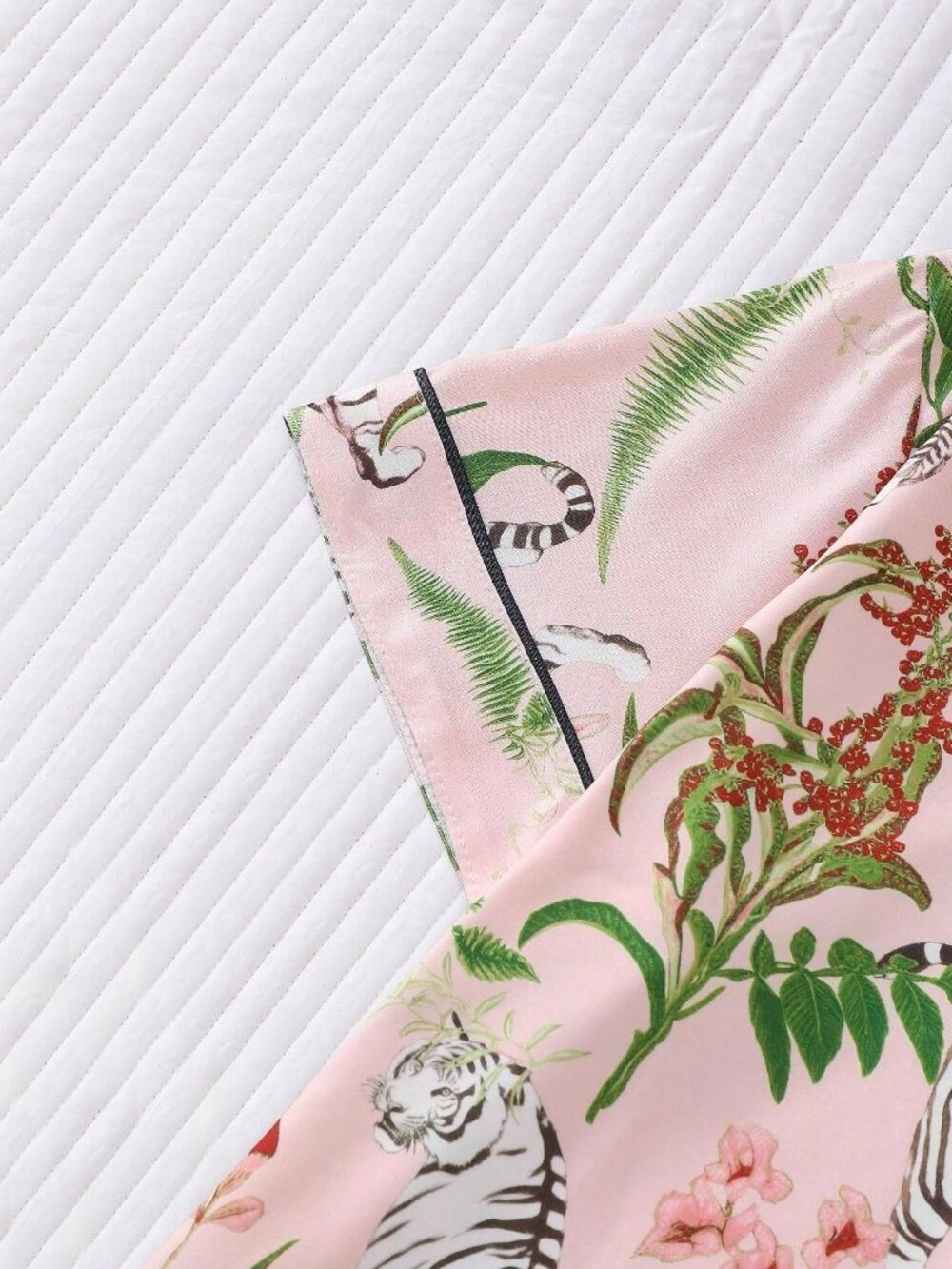 Pink Floral Tiger Print Women's Pajama Short Sleeve Collared Top and Shorts set - Picture 4 of 8
